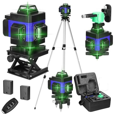 Geevorks Nivel Laser Autonivelante con Tripode,Nivel Láser Autonivelante 3° 4D 16 Líneas Laser Nivel,2 Batería Recargable,Base de Rotación,Control Remoto y Control Móvil (Azul, con Trípode)