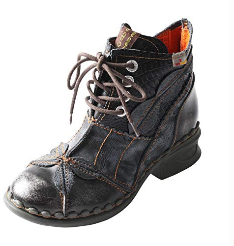 TMA EYES Zapatos de mujer de cuero hechos a mano, botines de mujer con cordones(Negro,37)