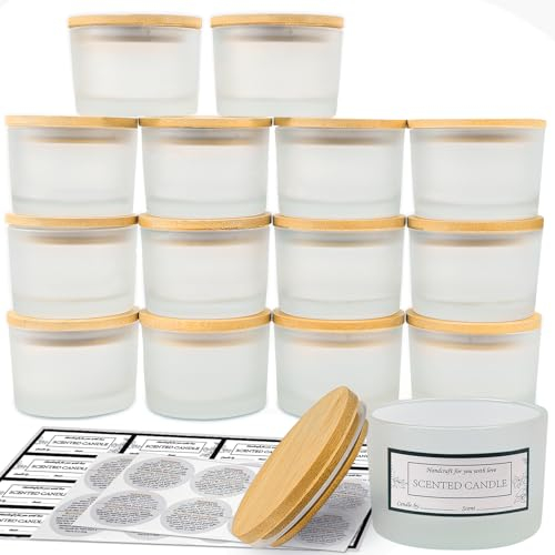 CONNOO 15 Pack 4 OZ Frosted Glass Candle Jars with Airtight Bamboo Lids, Bulk Small Wide Mouth Empty Candle Containers with Sticky Warning Labels - Dishwasher Safe