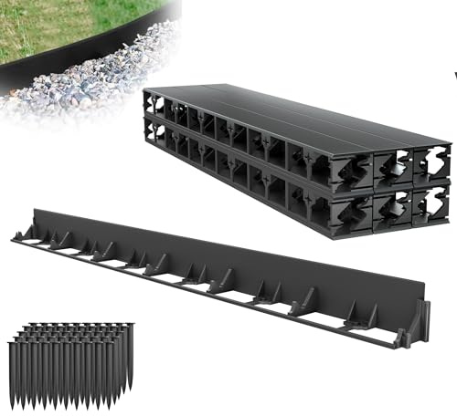 XMTECH Bordure de pelouse flexible en plastique - 24 m - Hauteur 78 mm - Avec 100 piquets de fixation - Bordure de parterre de fleurs - Noir