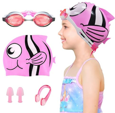 Crazy Bean Set Cuffia Piscina Ragazze Ragazzi Silicone con Occhialini Nuoto Custodia con Antiappannante Tappanaso per Piscina Tappi per Orecchie Piscina Cuffia de Nuoto Impermeabile,pesce rosa