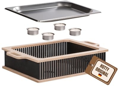 INEXTERIOR Hotty Legacy – Warmhalteplatte fürs Grillen - Grillgut Stövchen mit BBQ-Design – Speisenwärmer – Warmhaltebehälter mit Kerzen - BBQ-Board Grillparty (Schwarz, M)