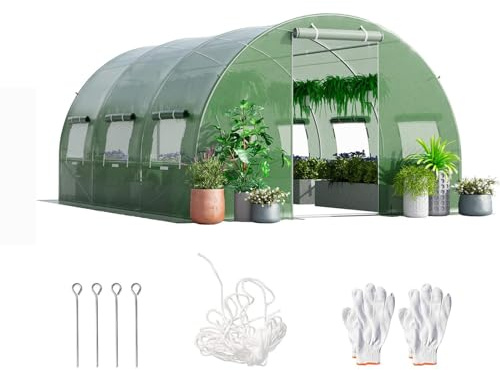 RELAX4LIFE Serra a Tunnel Grande da Giardino 4x3x2m-12m², Sistema di Serra in Acciaio e PE a Rete, 2 Porte a Cerniera e 6 Finestre Avvolgibili, Verde