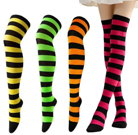 Tokaneit 4 Pares Calcetines Arcoiris, Sobre la Rodilla Muslo Calcetines Altos, Medias de Halloween, Calcetines de Rayas de Colores para Halloween Navidad Disfraz de Cosplay Fiesta de Disfraces