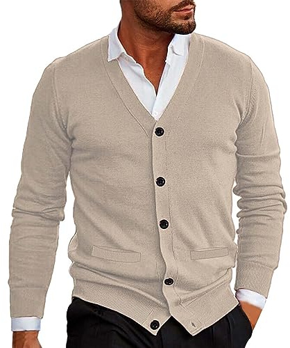 Chaqueta de punto para hombre con cuello en V, jersey elástico, manga larga, jersey de punto fino con botones, elegante y de ajuste ceñido, suéter ligero y cárdigan para hombre con bolsillos, suéter