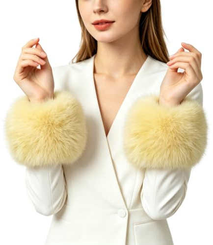 Lina & Lily Women's Winter Wrist Cuffs Warmers Faux Fur Fluffy (Light Yellow)