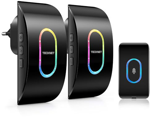 TECKNET Timbre Inalámbrico Exterior Impermeable con 2 Receptores, Indicador RGB, 400M Alcance, IP65 Impermeable Timbre, 60 Melodías y 5 Niveles de Volumen, Negro