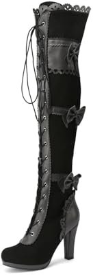 FGRID Stivali sopra Il Ginocchio da Donna con Tacco Alto, Stivali gotici con Fiocco e Lacci Steampunk, Stivali Cavaliere rinascimentali Cerniera Invernale per Feste in Discoteca,Nero,39