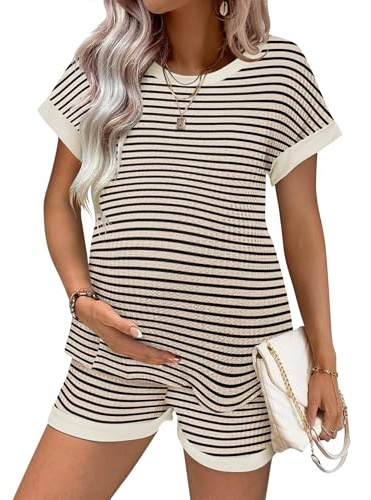 Ekouaer Maternity Pajamas 2 Piece Outfits Waffle Knit Short Sleeve Tops and Shorts Loungewear Set Pregnancy Clothes Beige stripes Medium