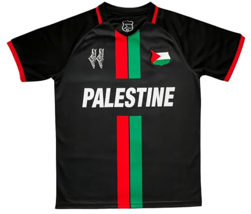 Palestine Team Football Jersey, Black with Red-Green Stripe, Sports Fan Shirt (UK, Alpha, L, Regular, Regular, Black)