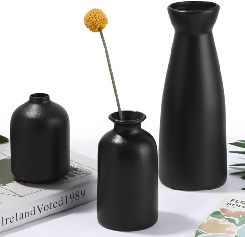 Zaxiva 3 Vases en Ceramique Noir, Vase Fleur Nordique Moderne et Minimaliste pour la Décoration Intérieure, Bouquet de Fleurs Fraîches Séchées d'herbe, Décoration de Petit Vase Deco Table