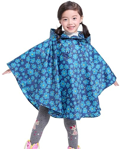 Générique Imperméable pour Jeunes Filles Pluie Veste Enfant Mode Poncho à Capuche léger pour activités extérieures et Jeux sous la Pluie avec Motifs animés Amusants (Blue, 3-5 Years)