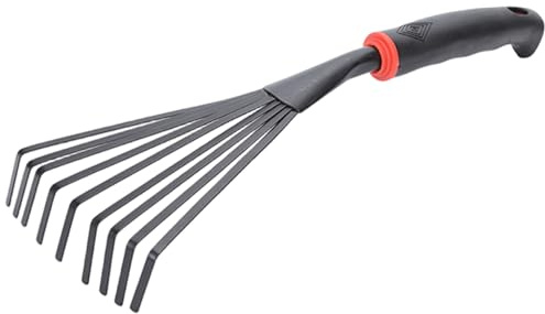 Rastrillo de jardín pequeño, rastrillo de mano, jardín pequeño de acero inoxidable de 9 dientes con mango de plástico, herramientas manuales colgantes para jardinería, desmalezado, trasplante y excav