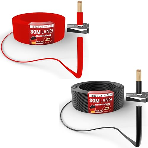 MAS Premium FLRY-B 2,5 mm² fordonskabel 5–100 m KFZ-kabel för användning i elinstallationer fordon, svart, röd eller 2-delad (röd + svart) (svart + röd, 30 m)
