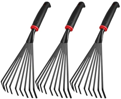 LALADEFIEE 3 rastrillos pequeños para jardín - Rastrillo Manual de 34 cm para jardinería con Mango ergonómico y Cabezal metálico de 9 púas - Herramienta Manual para aflojar la Tierra, Limpiar