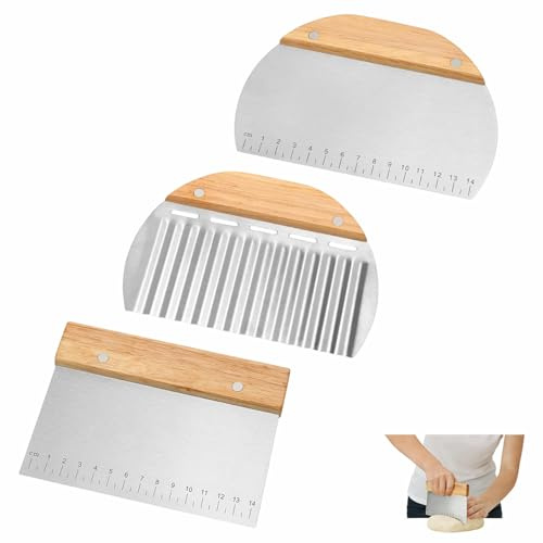 3 Pezzi Raschietto per Pasta Tagliapasta Spatola per Pizza con Manico in Legno e Scala di Misurazione Aglia Pasta Utensile da Cucina Rotelle Tagliapizza Multiuso per pasticceria