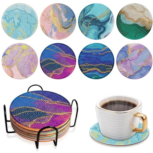 Sunily 8 Stück Diamond Painting Untersetzer Gläser mit Halter, Marmor