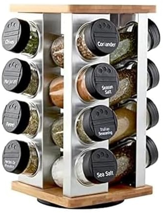 Kamenstein 16 Jar Warner Revolving Countertop Spice Rack Organizer with Lift & Pour Caps and Spices Included, FREE Spice Refills for 5 years, Stainless Steel & Bamboo with Black Caps