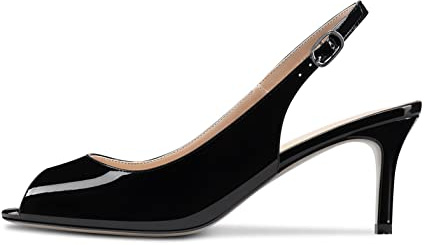 NobleOnly Femmes Aiguille Mi Talon Heel Ouvert Bout Sandales Slingback Lanières Cheville Mariage Bureau Escarpins 6.5 CM Heels Chaussures Noir 37 EU