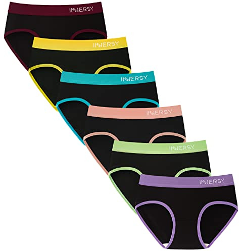 INNERSY Mutande Ragazza 14 Anni Cotone Nero Slip Bambina Vita Media 8-16 Intimo Sportiva 6 Pacco (8-10 Anni, Nero con Cintura Colorata)