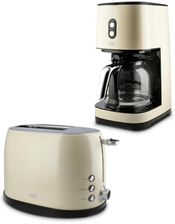 KHG Retro Frühstücksset | Toaster 2 Scheiben mit Brötchenaufsatz, 7 Bräunungsstufen 800W | Kaffeemaschine 1,5 Liter Glaskanne für 12 Tassen mit Tropfstopp 900W | 2-teilig Creme