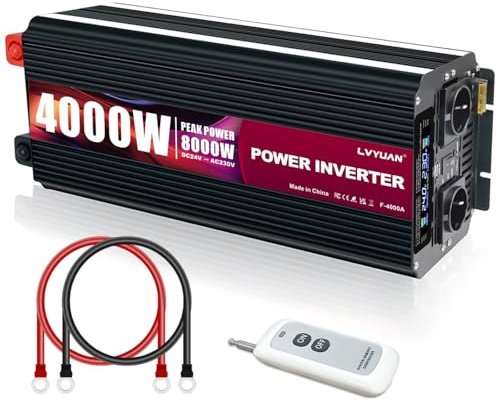 LVYUAN Convertidor de 24 V, 220 V, 4000 W/8000 W, inversor Transformador con Mando a Distancia inalámbrico, 2 enchufes, 2 enchufes EU, Dos Ventiladores Integrados, 1 USB y Pantalla LCD