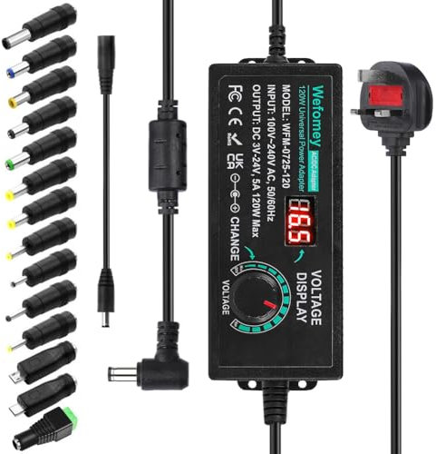 Wefomey Universal Power Supply 3V~24V 5A 120W Adjustable Variable AC/DC Adapter Charger, 100V-240V AC to DC Converter with LED Voltage Display & 14 Tips & Polarity Converter