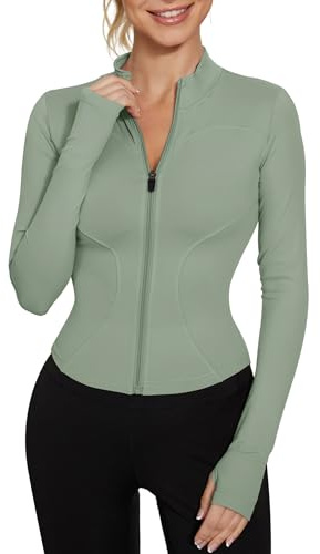 IECCP Women's Gym Long Sleeve Sports T-Shirt Fitness Workout Yoga Crop Top Ladies Running Zip Top with Thumb Holes Green M
