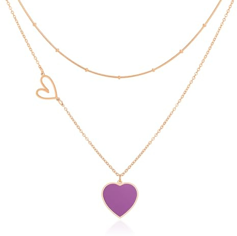 Linawe Collana con ciondolo a cuore viola collana a cuore da donna, set di catenine con ciondolo a catena in oro rosa, gioielli in acciaio inossidabile, catena a strati con ciondolo