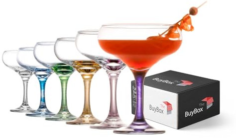 GOSOYO Lot de 6 Verres Cocktail Colorés (9 oz/270 ml). Verres à Expresso Martini, Verres à Margarita, Verres Coupés Elégants et Coupe Champagne, Verrerie à Longue Tige