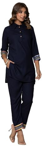 Vi VIHAAN IMPEX Women's Stylish Navy Blue Cord Set with Embroidered Cuffs – Casual and Formal (Blue, Large)