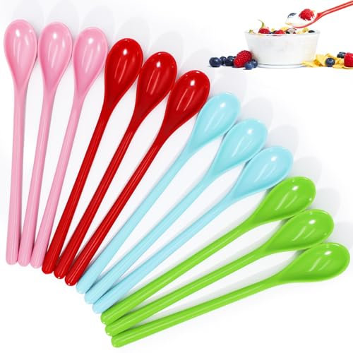 Amentalove 12 Pcs Cucchiaini Plastica Colorati, Cucchiaini Lunghi Plastica Riutilizzabili, Cucchiaini da Caffè, Cucchiaini Gelato, Cucchiaio Plastica Multiuso per Tè, Yogurt, Dessert e Cocktail