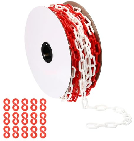PATIKIL Röd/vit plastkedja, 72 fot 6 mm avstängningskedja, säkerhetsbarriär, stor länkkedja, lång för varningssäkerhet, parkeringsplats, personkontroll, grind för byggplats, avspärring av ytor