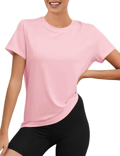 Rapbin Sport Oberteile Damen Kurzarm Sport Tshirt Damen Fitness,Kurzarmshirt WorkoutTops UPF 80+ Kurzarm(Tiefes Pink,M)