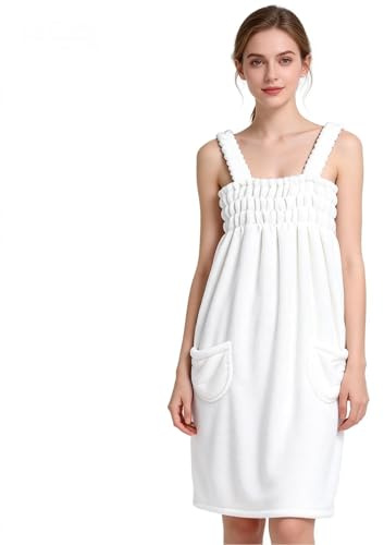 GREUS Women Bath Towel Dress Coral Fleece Absorbent Shower Wrap with Straps Pockets Quick Dry Bathrobe for SPA Sauna Pool