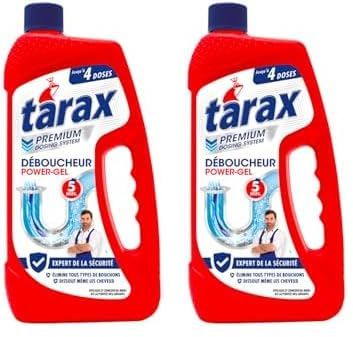 TARAX - Déboucheur Canalisation Power Gel - Élimine Tous Types de Bouchons - Action Chrono 5 Minutes - Flacon Avec Jauge Pratique - Rapide & Efficace - Jusqu'à 4 Doses de Gel - 1 Litre (Lot de 2)