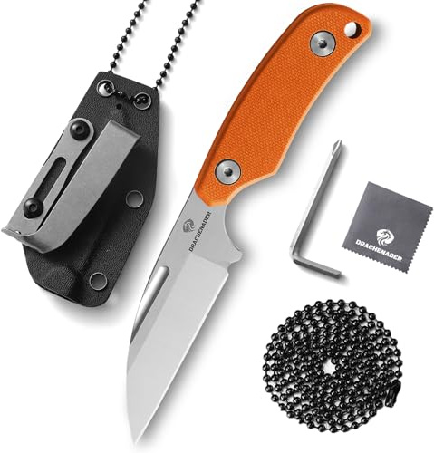 DRACHENADER Cuchillo de cuello D2 acero con clip de cinturón, cuchillo al aire libre hoja de plata + G10 mango naranja
