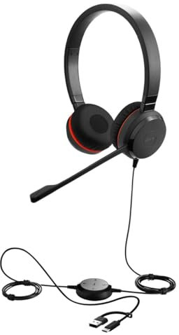 Jabra Evolve 30 II, Unified Communications - Auriculares estéreo con Cable con Unidad de Control de Llamadas, micrófono con cancelación de Ruido, Indicadores LED, Sonido, USB-C/A,