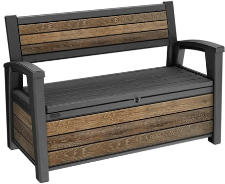 Keter Panchina da Giardino Deco, Finitura Effetto Legno Walnut, Vano Contenitore, 227L, 133x61x89H cm