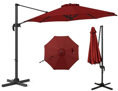COSTWAY Parasoll 300 x 300 cm, trafikljus med vev, trädgårdsparaply lutbar, 360° roterbar, stor terrassparaply, rund marknadsparaply för trädgård, terrass, röd, 300 cm