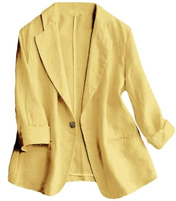 Mywinway Giacche Blazer da Donna Casual Maniche 3/4 Leggere Estive Primaverili in Cotone e Lino, Giallo, X-Large