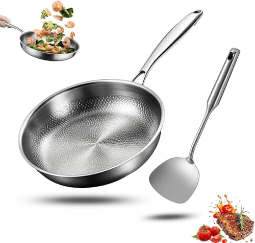 Generisch Poêle à frire en titane avec spatule, poêle à frire antiadhésive martelée pour la cuisson, poêle en titane non revêtu, poêle en titane Pro à induction (Sans couvercle, 28cm)