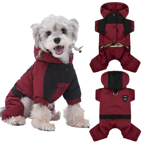 Duuclume Caldo cappotto per cani con cappuccio, impermeabile antivento invernale integrale per cani, tuta da neve, abbigliamento per animali domestici regolabile per il freddo (rosso, XL)