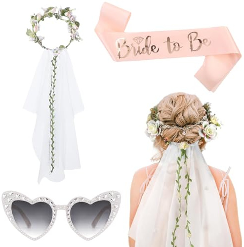 3 pezzi Addio Nubilato Decorazione, velo da sposa, corona di fiori, fascia da sposa in oro rosa, castone a cuore con perle, accessori da sposa, per matrimoni, fidanzamenti e addii al nubilato