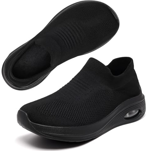 Wide Fit Women Slip On Trainers Arch Support Ladies Shoes All Black 6 UK