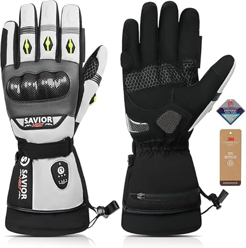 SAVIOR HEAT Guanti Moto Riscaldati Ricaricabili Impermeabili, Carbonio + PVC, Doppio Strato, Batteria 3000mAh, Cavo PD + Cavo Auto, Guanti Invernali Uomo Donna per Sci e Ciclismo (M)