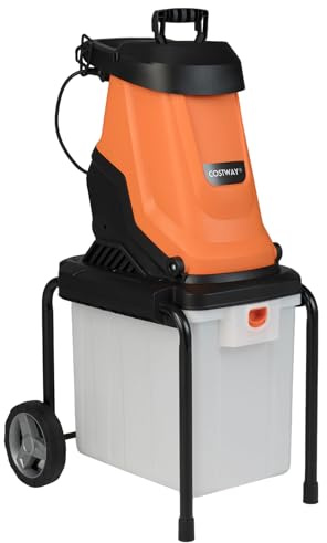 COSTWAY Broyeur de Végétaux et Branches Électrique 2800W, Broyeur de Jardin Bac de Collecte 50 L Dia. Coupe de 45 mm Trémie de Remplissage Roues, Mulcheur Filaire pour Nettoyage Compostage (Orange)
