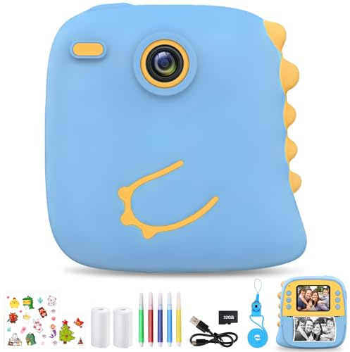 Appareil Photo Instantané Enfant, 1080P Appareil Photo Instantané avec Carte de 32 Go, Papier d'impression*2 et Autocollants, Cadeaux de Noël pour Les Enfants de 3 à 12 Ans (Bleu)