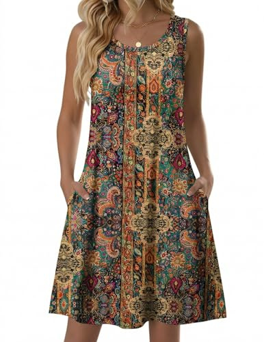 Zeagoo Vestido de Flores para Mujer Vestido de Verano sin Mangas de Playa Vestidos Boho con Estampado Flores Marrones S
