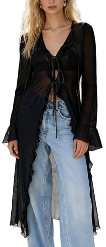 Acrawnni Women Chiffon Mesh Flowy Maxi Top Frill Sheer Kimono Half Sleeve Ruffle Top See Through Flowy Blouse Shirt (A-Black, M)